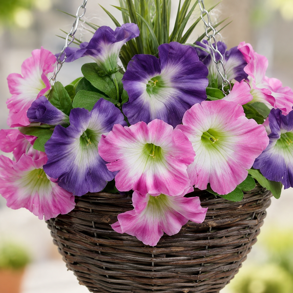 Pink & Purple Round Rattan Petunia Hanging Baskets (Set of 2) 25cm  - A1182