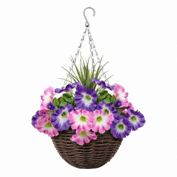 Pink & Purple Round Rattan Petunia Hanging Baskets (Set of 2) 25cm  - A1182