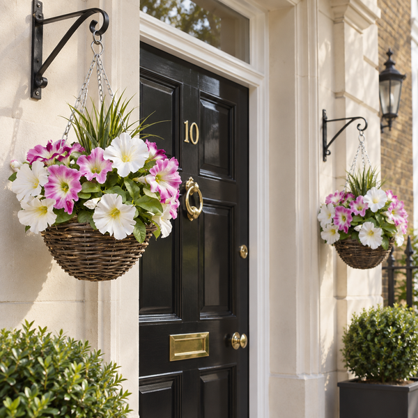Pink & White Round Rattan Petunia Hanging Baskets (Set of 2) 25cm  - A1184