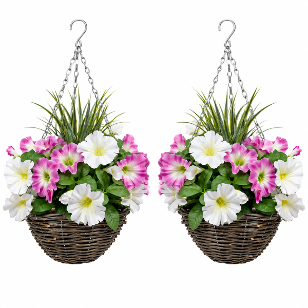 Pink & White Round Rattan Petunia Hanging Baskets (Set of 2) 25cm  - A1184