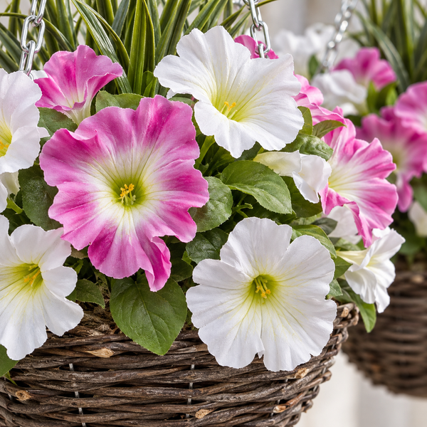 Pink & White Round Rattan Petunia Hanging Baskets (Set of 2) 25cm  - A1184