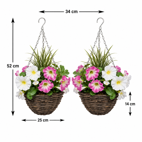 Pink & White Round Rattan Petunia Hanging Baskets (Set of 2) 25cm  - A1184