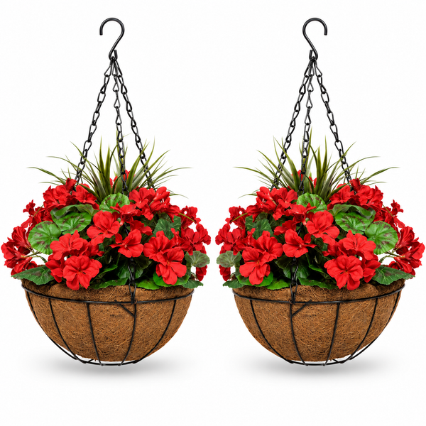 Red Geranium Round Coir Hanging Basket (Set of 2) - A1186