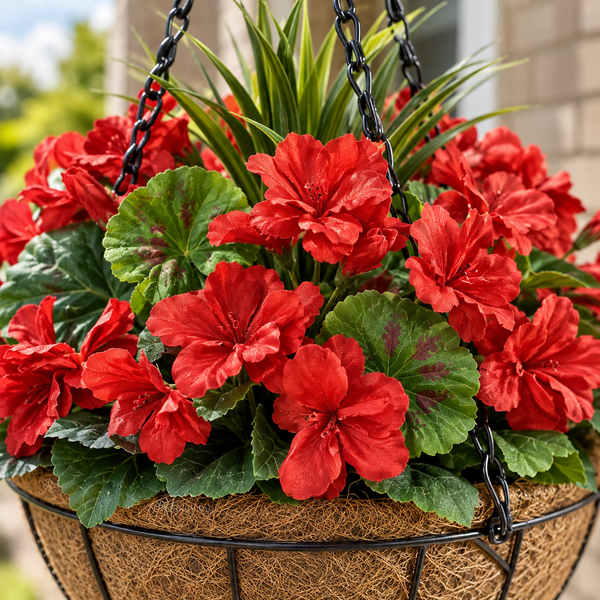 Red Geranium Round Coir Hanging Basket (Set of 2) - A1186