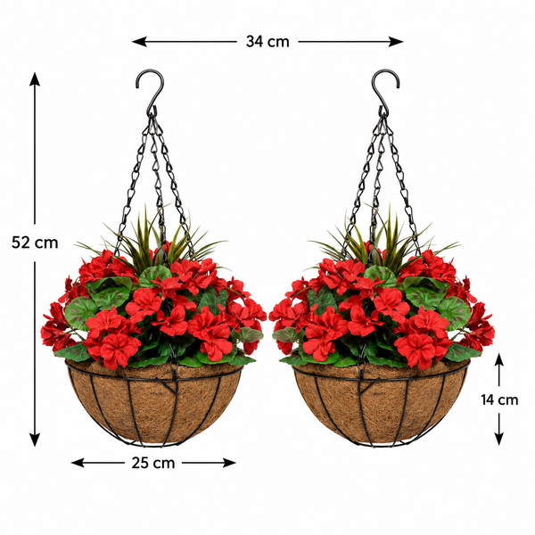 Red Geranium Round Coir Hanging Basket (Set of 2) - A1186