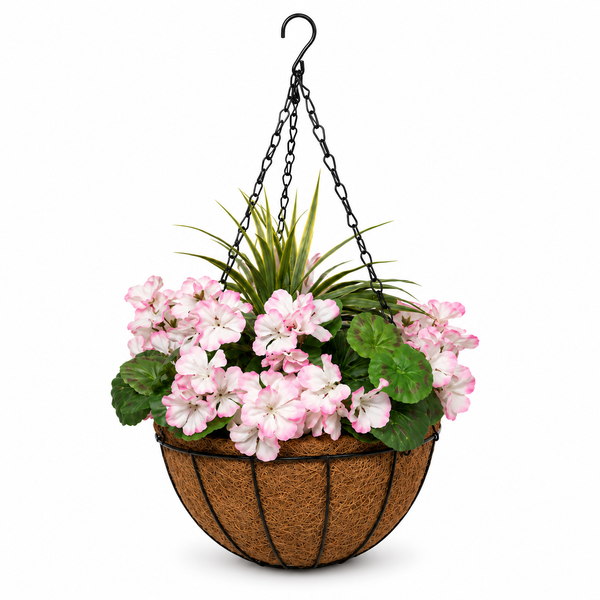 Pink Geranium Round Coir Hanging Basket (Set of 2) 25cm - A1188