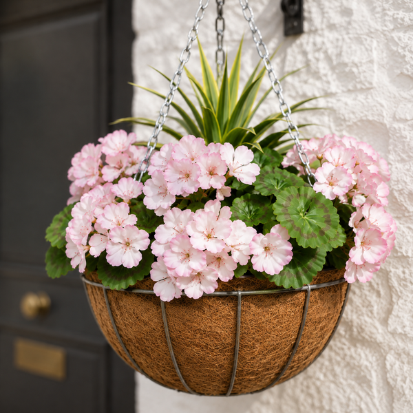 Pink Geranium Round Coir Hanging Basket (Set of 2) 25cm - A1188