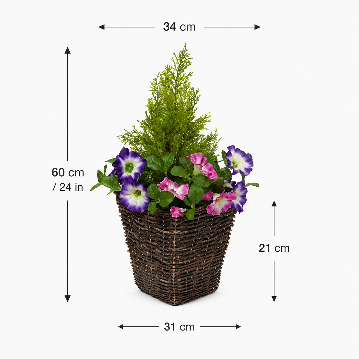 Pink & Purple Petunia Rattan Patio Planters (Set of 2) 60cm/24in - A1190