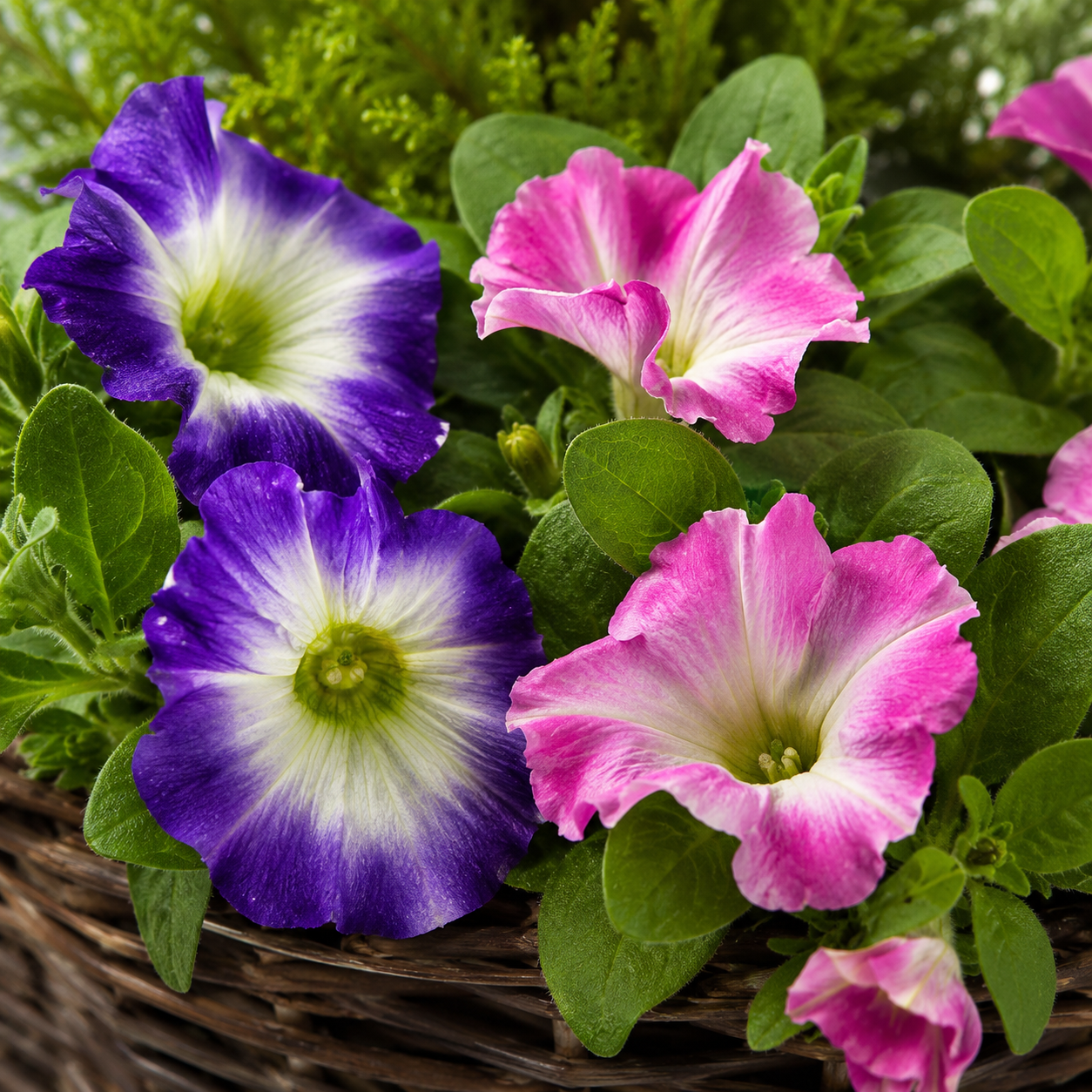 Pink & Purple Petunia Rattan Patio Planters (Set of 2) 60cm/24in - A1190