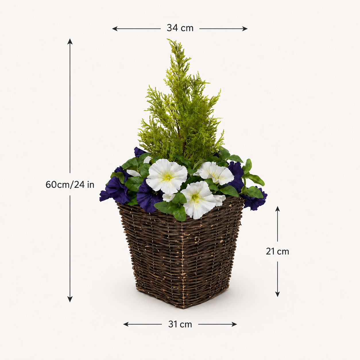 Dark Purple & White Petunia Rattan Patio Planters 60cm/24in (Set of 2) - A1191