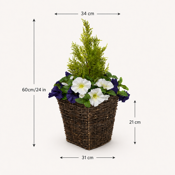 Dark Purple & White Petunia Rattan Patio Planters 60cm/24in (Set of 2) - A1191