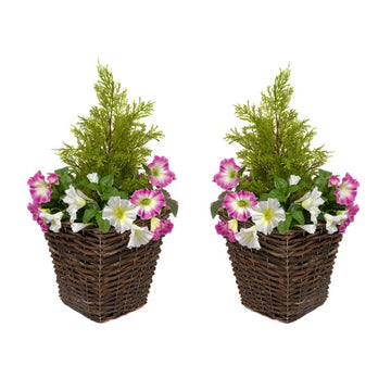 Artificial Rattan Patio Planters (Set of 2) - Pink & White Petunias With Cedar Topiary - A1192