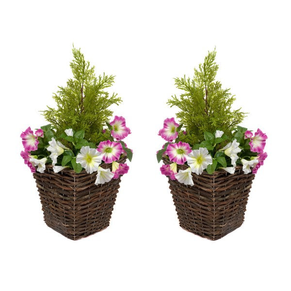 Artificial Rattan Patio Planters with Pink & White Petunias & Cedar Topiary (Set of 2) - A1192