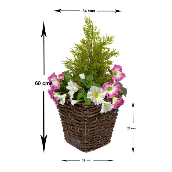 Artificial Rattan Patio Planters (Set of 2) - Pink & White Petunias With Cedar Topiary - A1192