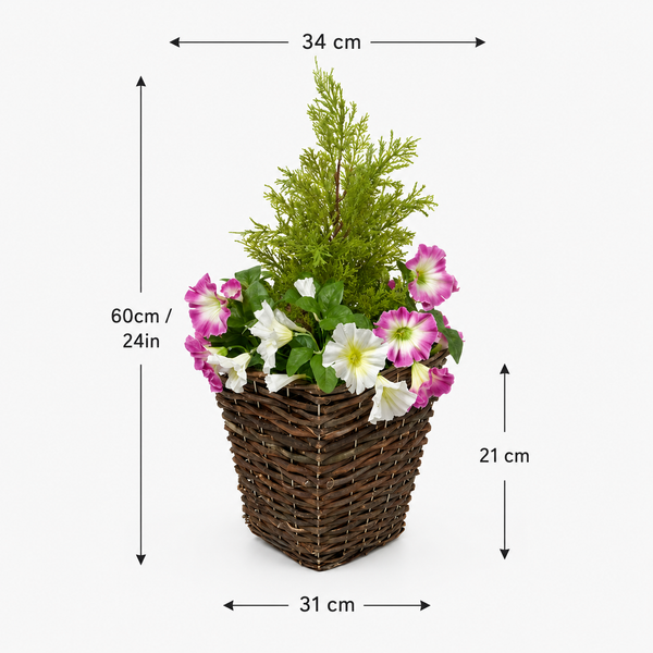 Pink & White Petunia Rattan Patio Planters With Cedar Topiary (Set of 2) - A1192