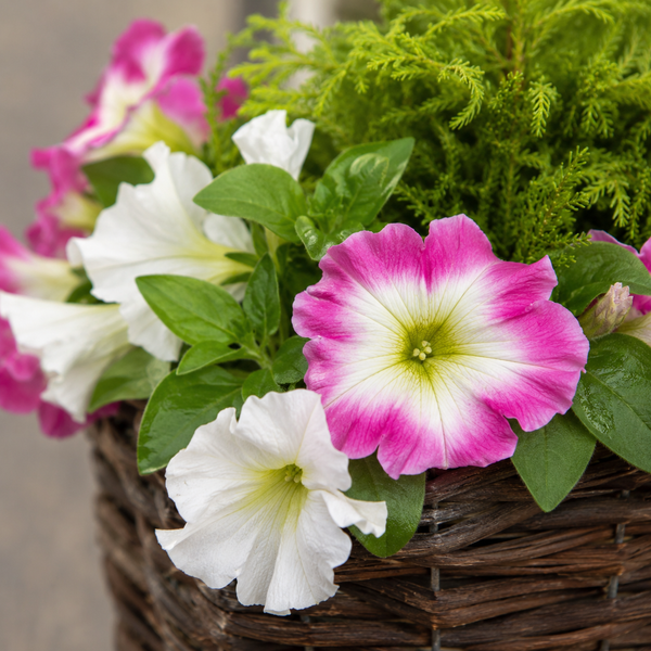 Pink & White Petunia Rattan Patio Planters With Cedar Topiary (Set of 2) - A1192