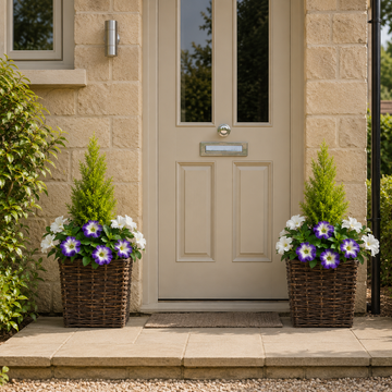 Purple & White Petunia Rattan Patio Planters 60cm/24in (Set of 2) - A1193