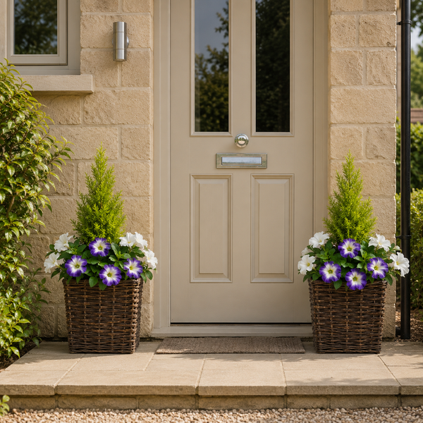 Purple & White Petunia Rattan Patio Planters 60cm/24in (Set of 2) - A1193