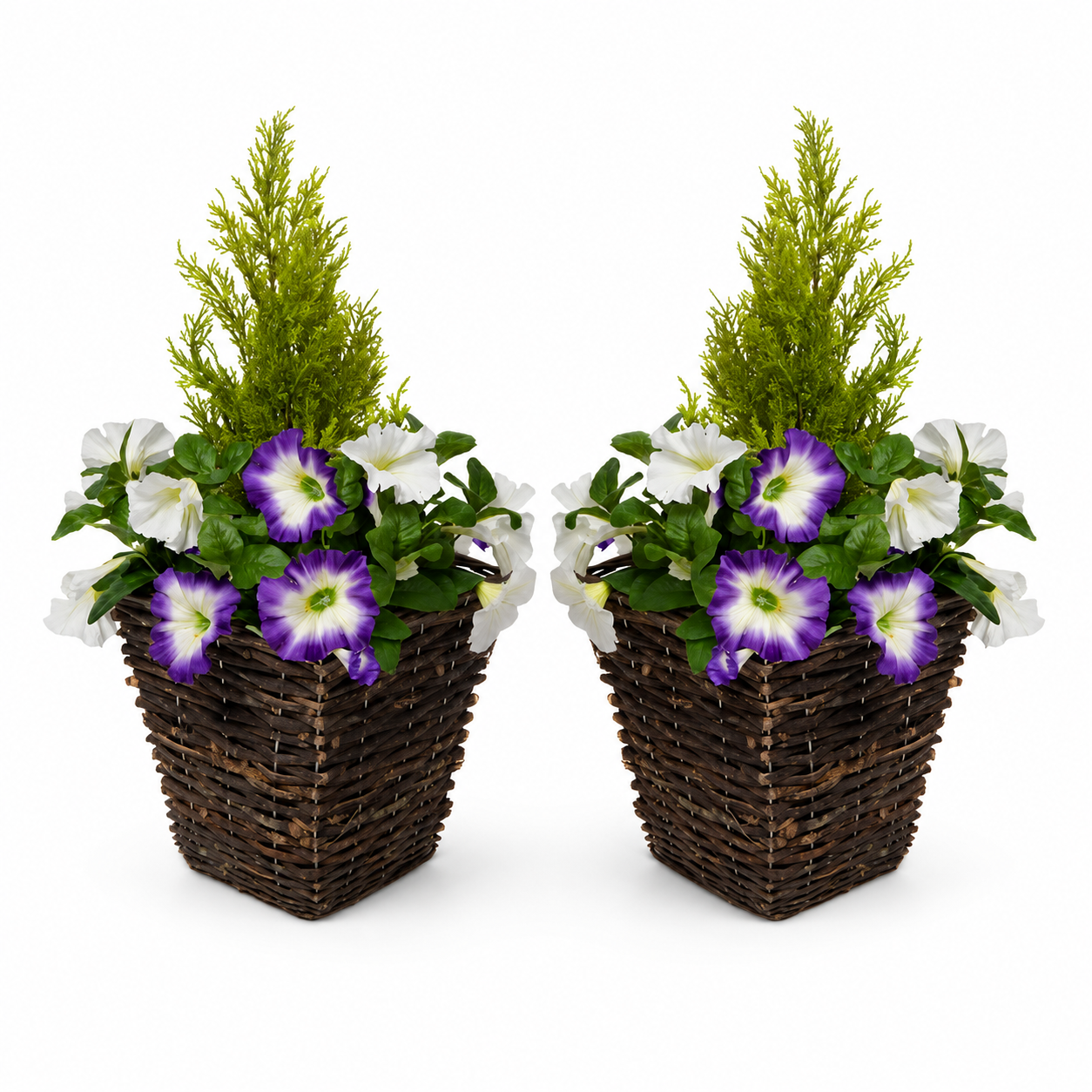 Purple & White Petunia Rattan Patio Planters 60cm/24in (Set of 2) - A1193