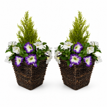 Purple & White Petunia Rattan Patio Planters 60cm/24in (Set of 2) - A1193
