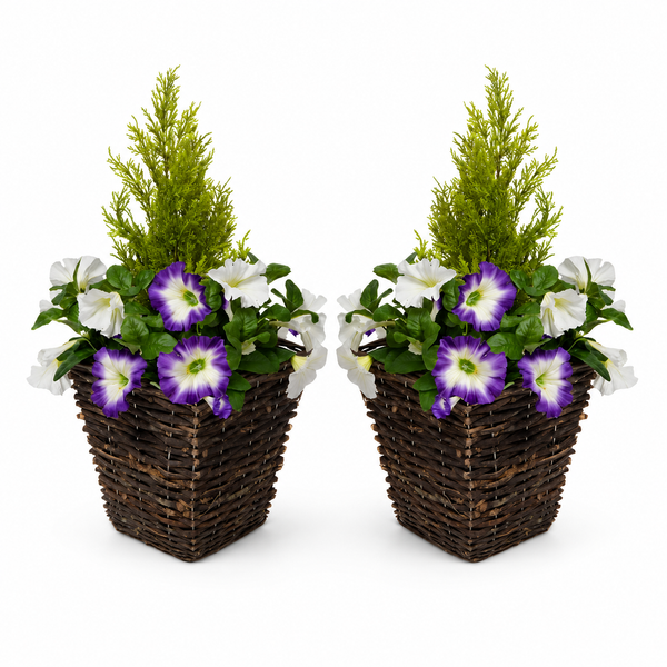 Purple & White Petunia Rattan Patio Planters 60cm/24in (Set of 2) - A1193
