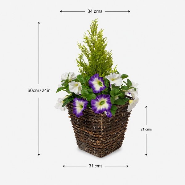 Purple & White Petunia Rattan Patio Planters 60cm/24in (Set of 2) - A1193