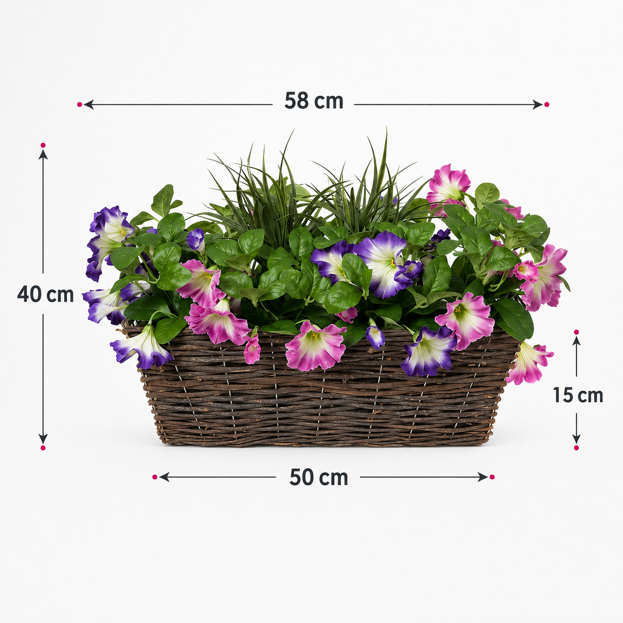 Pink & Purple Petunia Rattan Window Box 58cm/23in - A1194