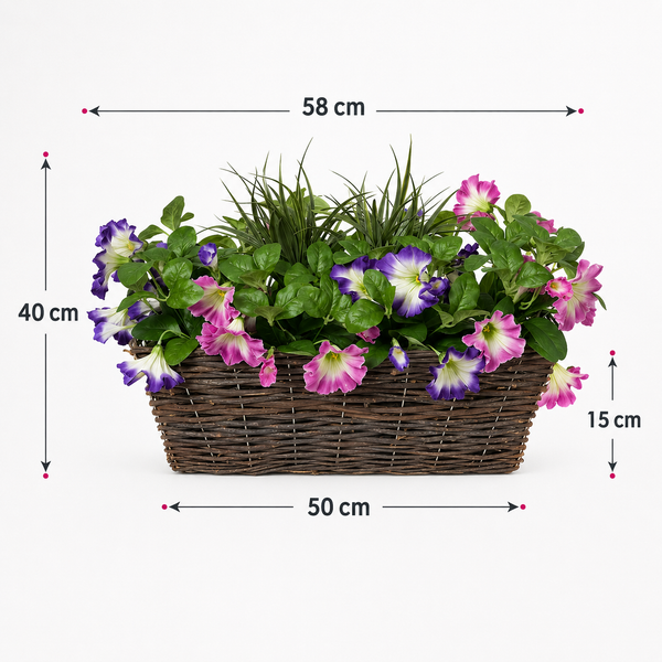 Pink & Purple Petunia Rattan Window Box 58cm/23in - A1194