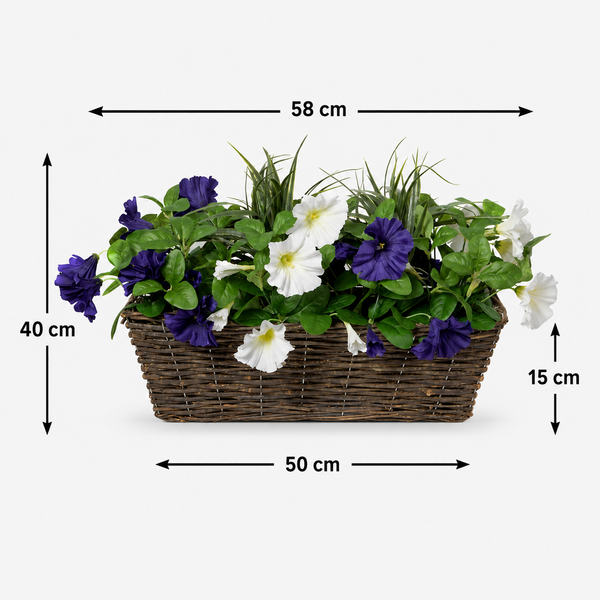 Dark Purple & White Petunia Rattan Window Box 58cm/23in - A1195