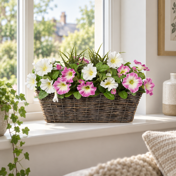 Pink & White Petunia Rattan Window Box 58cm/23in - A1196