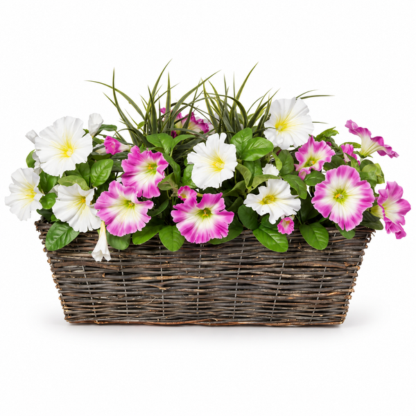 Pink & White Petunia Rattan Window Box 58cm/23in - A1196