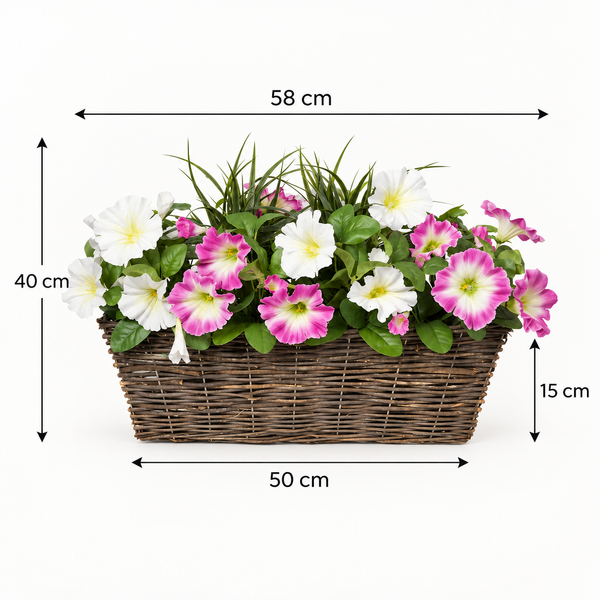 Pink & White Petunia Rattan Window Box 58cm/23in - A1196