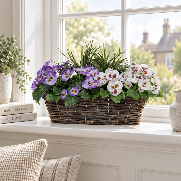 Purple & White Pansy Rattan Window Box 58cm/23in - A1199