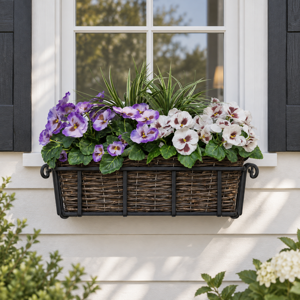 Purple & White Pansy Rattan Window Box 58cm/23in - A1199