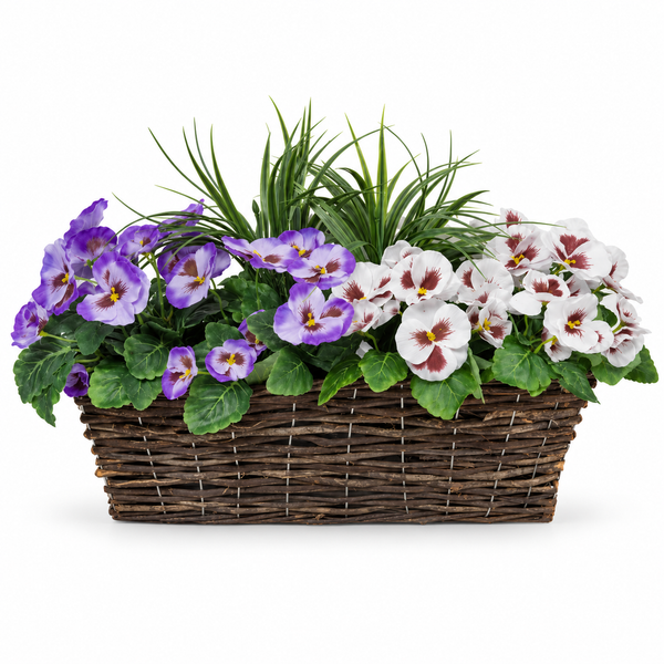 Purple & White Pansy Rattan Window Box 58cm/23in - A1199