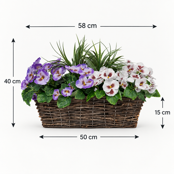 Purple & White Pansy Rattan Window Box 58cm/23in - A1199