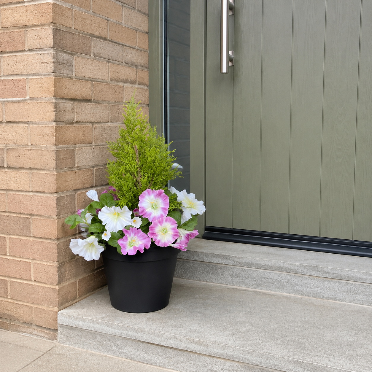 Pink & White Petunia Black Patio Planter 60cm/24in - A1242