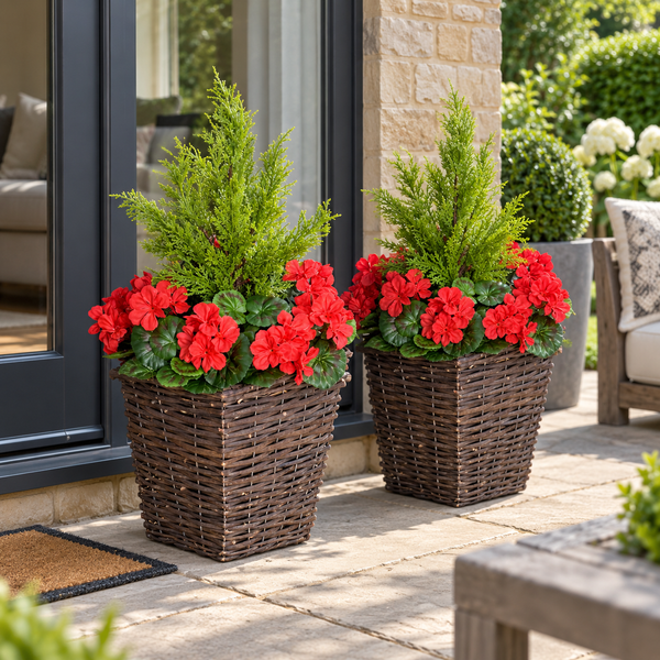 Red Geranium Rattan Patio Planters (Set of 2) 60cm/24in - A1256