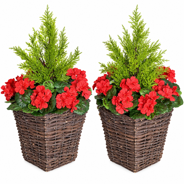 Red Geranium Rattan Patio Planters (Set of 2) 60cm/24in - A1256
