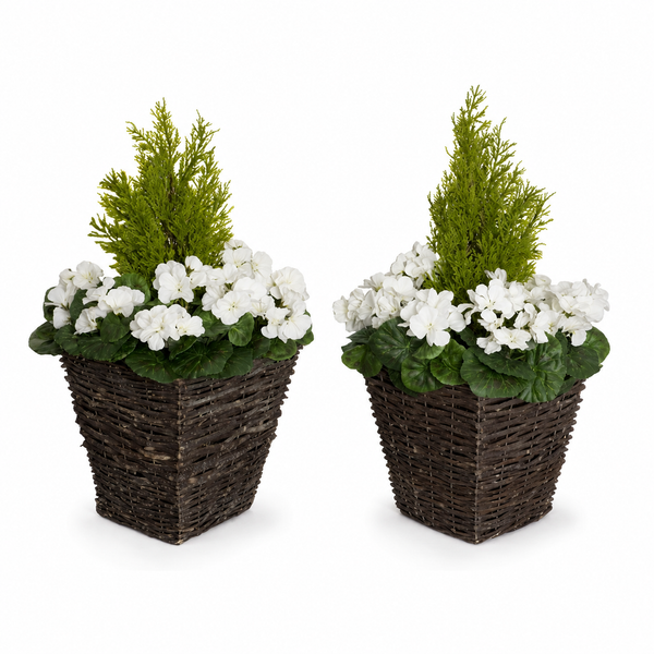 White Geranium Rattan Patio Planters (Set of 2) 60cm/24in - A1259