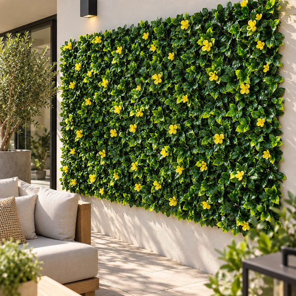 Expanding Green Wall Willow Trellis Fence with Green Foliage and Yellow Flowers (1m x 2m) - A1261