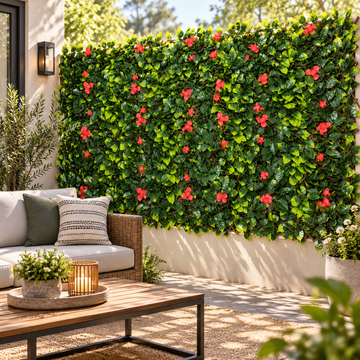 Expanding Green Wall Willow Trellis Fence with Green Foliage and Red Flowers (1m x 2m) - A1262