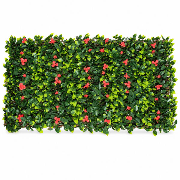 Expanding Green Wall Willow Trellis Fence with Green Foliage and Red Flowers (1m x 2m) - A1262