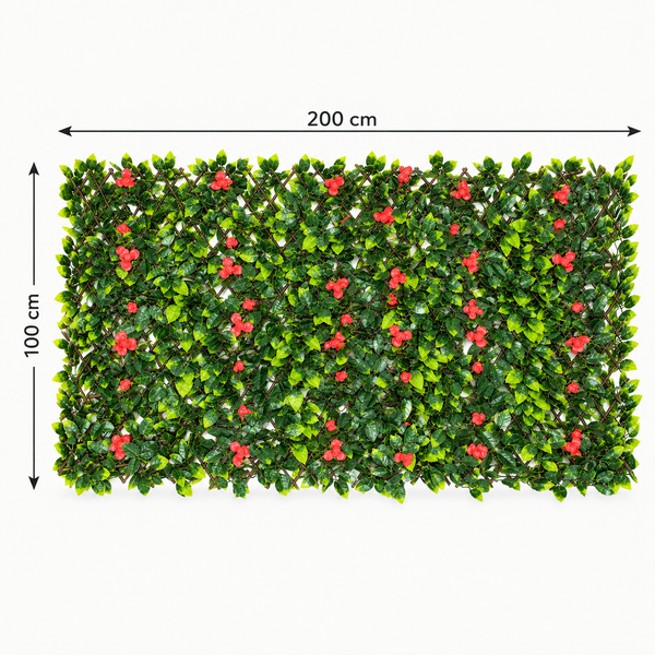 Expanding Green Wall Willow Trellis Fence with Green Foliage and Red Flowers (1m x 2m) - A1262