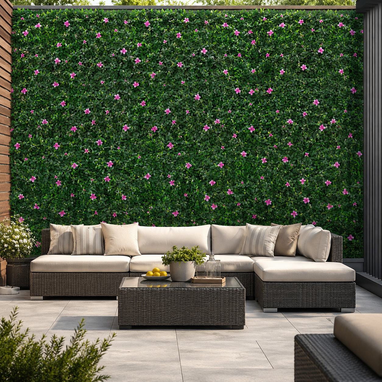 Green Wall Hedge with Green Leaf Foliage and Purple Flowers (Pack of 4) 50cm x 50cm - A1266