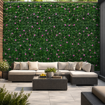Green Wall Hedge with Green Leaf Foliage and Purple Flowers (Pack of 4) 50cm x 50cm - A1266