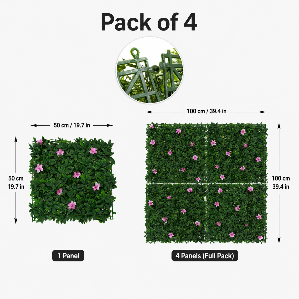 Green Wall Hedge with Green Leaf Foliage and Purple Flowers (Pack of 4) 50cm x 50cm - A1266