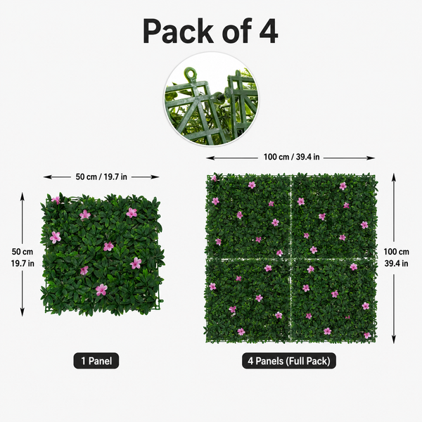 Green Wall Hedge with Green Leaf Foliage and Purple Flowers (Pack of 4) 50cm x 50cm - A1266