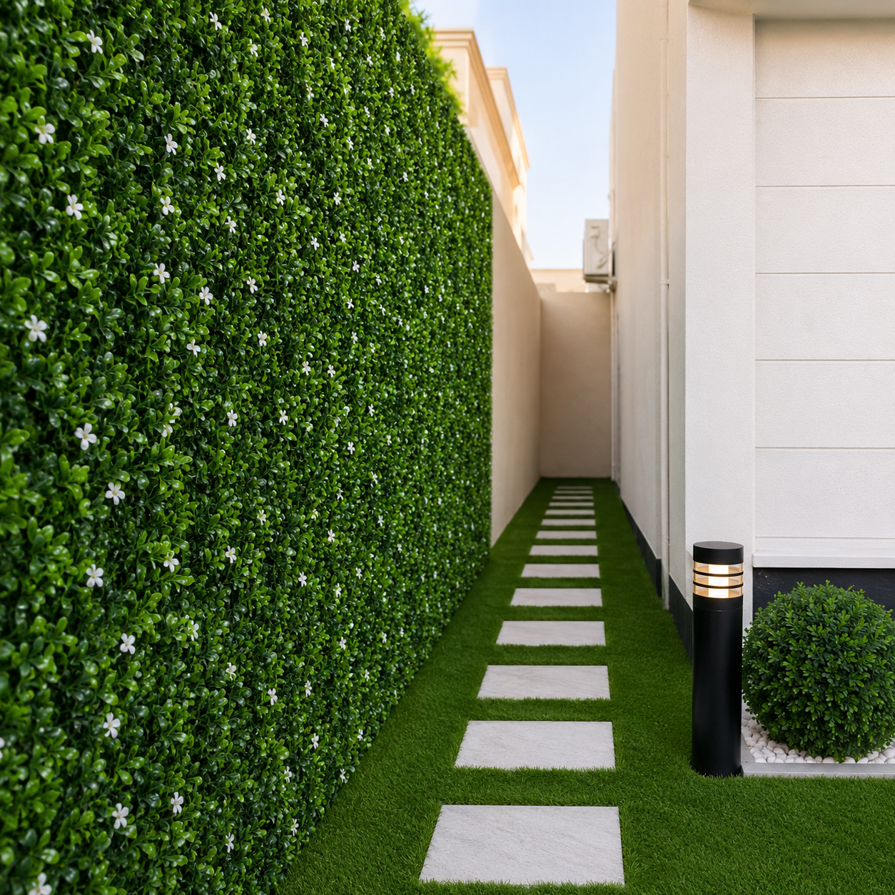 Green Wall Hedge with Green Leaf Foliage and White Flowers (Pack of 4) 50cm x 50cm - A1267