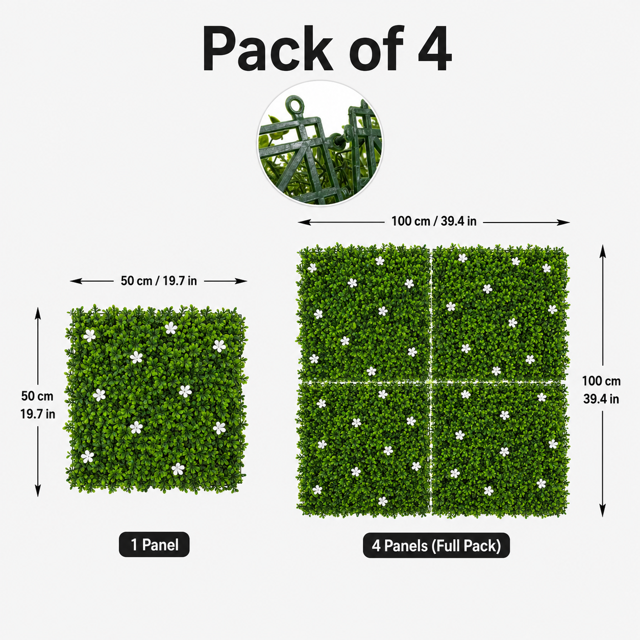 Green Wall Hedge with Green Leaf Foliage and White Flowers (Pack of 4) 50cm x 50cm - A1267